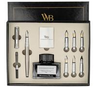 Wordsworth & Black Caligrafía Pen Gift Set, Incluye botella de tinta, 6 cartuchos de tinta, 1 convertidor, 6 plumas de recarga, paquete de primera calidad, Diario, [Plata Cromo]
