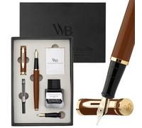 Wordsworth & Black Juego de pluma estilográfica, plumines medio y extrafino chapados en oro de 18K,botella negra de 25ML,6 cartuchos de tinta,convertidor de recarga,escritura suave [Marrón y Oro]
