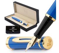 Wordsworth & Black Juego de pluma estilográfica, punta mediana dorada de 18 quilates, incluye 24 cartuchos de tinta, convertidor de recarga de tinta y caja de regalo, acabado dorado, caligrafía, azul