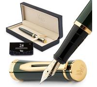Wordsworth & Black - Juego de plumas estilográficas, punta extrafina, 24 cartuchos de tinta, convertidor de recarga de tinta y estuche de regalo, acabado cromado, para caligrafía, verde de competición
