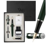 Wordsworth & Black Set de Plumas Estilográficas, plumín medio y extrafino chapado en oro de 18K, tinta negra 25ML, 6 cartuchos, convertidor, caja regalo - Verde Cromo, para hombres y mujeres.