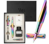 Wordsworth & Black Set de Plumas Estilográficas, plumín medio y extrafino chapado en oro de 18K, tinta negra 25ML, 6 cartuchos, convertidor, caja regalo - Arcoíris, para hombres y mujeres.