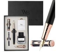 Wordsworth & Black Set Pluma Estilográfica, Plumín Medio y Extra Fino,Negro | Regalo para Hombre y Mujer, Latón, Iridio Alemán 18K, Tinta + 6 Cartuchos, Convertidor, Escritura y Caligrafía
