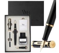 Wordsworth & Black Set Pluma Estilográfica, Plumín Medio y Extra Fino,Negro | Regalo para Hombre y Mujer, Latón, Iridio Alemán 18K, Tinta + 6 Cartuchos, Convertidor, Escritura y Caligrafía