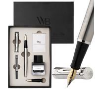 Wordsworth & Black Set Pluma Estilográfica, Plumín Medio y Extra Fino,Plata | Regalo para Hombre y Mujer, Latón, Iridio Alemán 18K, Tinta + 6 Cartuchos, Convertidor, Escritura y Caligrafía