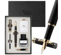 Wordsworth & Black's Juego de Pluma Estilográfica, Lujo en Madera de Bambú - Punta Mediana, Punta Extra Fina, Estuche de Regalo; Botella de Tinta Negra de 25ML, 6 Cartuchos de Tinta [Madera Negra]
