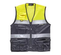 Work Team Chaleco Tipo Safari Multibolsillos Bicolor, con Dos Cintas de Alta Visibilidad. Hombre Gris+Amarillo A.V. XXL