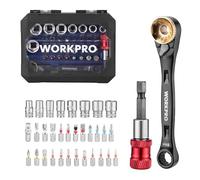 WORKPRO Carraca 1/4 Cr-V, Juego Vasos 34 Piezas con Adaptador | Incluye Destornillador Magnético y Accesorios Compactos para Bricolaje, Reparación y Mantenimiento Diario
