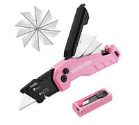 WORKPRO Cúter Plegable con Mango Aluminio Rosa, Cuchillo Plegable de Cambio Rápido, con Almacenamiento de Hoja y Clip para Cinturón, incluido 14 Hojas Cuchillas
