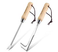 WORKPRO Herramientas de Deshierbe 2 Piezas, Extractor y Horquilla para Malas Hierbas y Grietas, Desherbador Manual con Mango de Madera y Filo Dentado, Azadillas para Jardinería