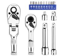 WORKPRO Juego de 2 Mangos de Carraca Cortos con 14 Accesorios, Mango de Carraca Dual de 1/4" con Cabezal de Destornillador, Llave de Trinquete de 3/8" con Cabezal Flexible, Chicharra de 72 Dientes
