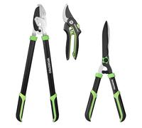 WORKPRO Juego de 3 Piezas de Tijeras de Jardinería - Podadoras Bypass, Cortadoras de Yunque y Tijeras de Seto - Kit Completo para el Cuidado de Plantas