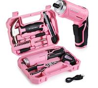 WORKPRO Juego de Herramientas con 3,7V Destornillador Eléctrico, 18pcs Herramientas Domésticas de Color Rosa, Maletín de Herramientas con Martillo Alicates Cortador Cinta Métrica Destornilladores