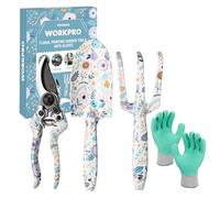WORKPRO Juego de Herramientas de Jardín 4 Piezas con Guantes | Incluye Rastrillo, Pala de Mano, Tijeras de Podar y Guantes, Ideal para Jardinería Doméstica