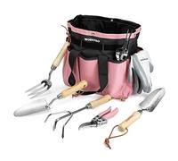 WORKPRO Juego de Herramientas de Jardín Rosa 8 Piezas | Herramientas de Jardinería de Acero Inoxidable con Mango de Madera y Bolsa de Transporte