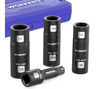 WORKPRO Juego de Laves de Impacto 4 Piezas, 1/2" Vasos de Impacto de Doble Cabeza, Llaves de Vasos con Barra y Caja, Para Tuerca y Pernos