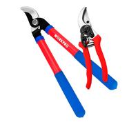 Workpro - Juego de Tijeras de Poda de 2 Piezas: Tijera Podadora de Dos Manos 380 mm (Ø15 mm) y Tijera de Podar 200 mm (Ø10 mm) - Cuchillas Tratadas Térmicamente