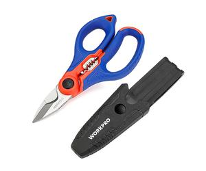 WORKPRO Tijeras Electricista, Tijeras con Pelacables 162 mm, Tijeras Multifunción de Acero Inoxidable con Funda de Clip, Tijeras para Cables