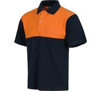 WORKTEAM Polo Manga Corta de Trabajo en Piqué, 100% Algodón con Alta Visibilidad, Bolsillo de Pecho y Aberturas Laterales. Unisex Marino+Naranja A.V. L