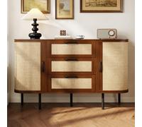Worletty Aparador, taquilla, buffet, cómoda, MDF, esquinas redondeadas, revestimiento frontal trenzado, 3 cajones, estantes ajustables en altura, asas de barra negras y patas de metal, 120 × 40 × 82