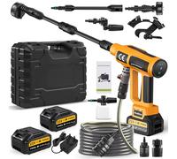 Worshow Limpiador de Alta Presión Inalámbrico, 21V 200Bar Hidrolimpiadora Portátil con 2 x 3000mAh Baterías, Boquilla 6 en 1 & Manguera de 5M para Limpiar Suelos, Coches, Jardines - Amarillo