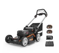WORX - Cortacésped sin escobillas inalámbrico 20V-2*20V -4Ah - WG748E - Ø46cm - Hasta 500m² con una carga (Corta hasta los bordes, entregado con 2 baterías, un cargador, bolsa de 55 L, mulching)