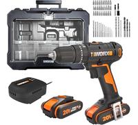 WORX - Taladro de percusión inalámbrico de 20 V WX370.2, 3 en 1, par máximo de 50 Nm, portabrocas de 13 mm (multimateriales, 2 velocidades, ligero y ergonómico, 2 bat x 2 Ah, cargador, 51 piezas