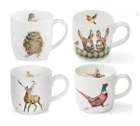 Wrendale Designs Royal Worcester - Juego de 4 tazas de cerámica de 0,3 L, diseño de búho, burro, faisán y ciervo