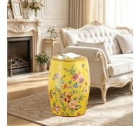 Wrhnkf Ceramic Garden Stool, Yellow Hand-Painted Floral & Butterfly Ceramic Drum Stool, Indoor/Outdoor Side Table Ottoman for Living Room, Bedroom, Patio, Bathroom