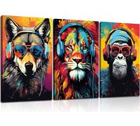 WSTUKVV 3 pósteres de graffiti de animales con auriculares, gafas de sol, gorila, tigre, lobo, gamer, impresiones en lienzo coloridas para adolescentes, juegos de niños, decoración de pared enmarcada