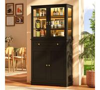 Wumagin Mueble Cocina Iluminación LED RGB 7 Colores Dinámicos Control Remoto, Aparador Alto Estantes Ajustables Tiradores Metal, Vitrina 6 Niveles Almacenamiento, Salón Comedor, 40x80x180cm, Negro