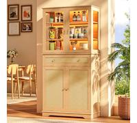 Wumagin Mueble Cocina Iluminación LED RGB 7 Colores Dinámicos Control Remoto, Aparador Alto Estantes Ajustables Tiradores Metal Ratán, Vitrina 6 Niveles, Salón Comedor, 40x80x180cm, Roble Natural