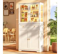 Wumagin Mueble Cocina Iluminación LED RGB 7 Colores Dinámicos Control Remoto, Aparador Alto Estantes Ajustables Tiradores Metal, Vitrina 6 Niveles Almacenamiento, Salón Comedor, 40x80x180cm, Blanco