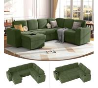 Wumagin Sofá cama de 7 plazas en forma de U con cama nido, sofá modular en la nube con chaise longue de almacenamiento, puerto USB, respaldo ajustable, pana verde