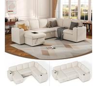 Wumagin Sofá cama modular de 7 plazas en forma de U con función de sueño, chaise longue y puerto de carga USB, cama nido, respaldo ajustable, tela de cachemira, beige y blanco