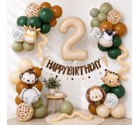Wuokkig Juego de globos de safari para 2º cumpleaños de niño de la selva | 55 piezas Wild One Deko 2º cumpleaños, safari Wild One Set con globo numérico de 81,3 cm, globos de papel de aluminio