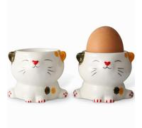 WW STYLE Juego de 2 hueveras de cerámica de alta calidad, diseño de gato dulce, porcelana, soporte para huevos, vajilla, decoración, regalo, Navidad, cumpleaños, familia, amigos, niños