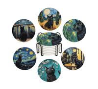 WWOOPLL Juego de 6 posavasos para bebidas, diseño de Van Gogh Art y gato negro, posavasos redondos absorbentes de piedra de cerámica, con base de corcho y soporte de metal, parte inferior de corcho