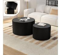 Wxnnx Round Wood Nesting Coffee Table Set, Wood Base Circle Center Table for Living Room, Modern Fluted Drum Side Tables Set of 2 for Apartment Small Space, Easy Assembly,H Black 27