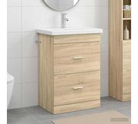Wynira Juego de muebles de baño de roble Sonoma con lavabo y grifo, 61 x 40 x 84,5 cm, madera de madera, mueble de baño con espacio de almacenamiento, cajón, puerta, ahorro de espacio para invitados y