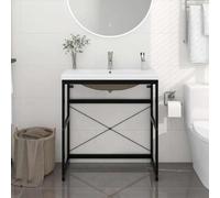 Wynira Lavabo de baño con lavabo empotrado, hierro negro con recubrimiento en polvo, lavabo de cerámica con rebosadero, 79 x 38 x 83 cm, ahorro de espacio para invitados y lavandería