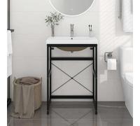 Wynira Mueble de baño con lavabo de hierro pulverizado negro 59 x 38 x 83 cm con rebosadero y estante para baño, inodoro de invitados, ahorro de espacio y duradero