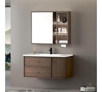 WYRNOBRX Mueble De Baño Acanalado Nogal con Lavabo, Mueble Lavabos Estilo Rústico Colgar Pared con 2 Cajones, 1 Puerta Y Un Armario con Espejo, Fregaderos Cerámica para Hogar,Marrón,L80*H50*W50