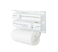 X-Dispensador de Pared 3 en 1 para Cocina - Soporte Portarrollos Blanco con Cortador de Film, Papel Aluminio y Papel Cocina, Dispensador ABS Multifuncional para Organizar y Ahorrar Espacio