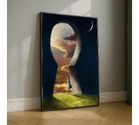 XBTYKPB Cuadro mural surrealista con vista a través de una cerradura, paisaje al atardecer, mujer con vestido vintage, cielo estrellado, decoración inspiradora para el hogar (21x30cm/sin marco)