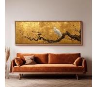 XBTYKPB Cuadro panorámico de garza japonesa con grulla dorada, decoración de pared estilo chinoiserie, lienzo grande enmarcado, pintura Japandi para dormitorio (50x150cm/marco interior)