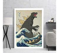 XIANGPEIFBH Póster de Japón para habitación de niños The Great Bugbear Off Kanagawa Impresión de Arte Decoración de Dormitorio Lienzo de Pared Pintura Cuadro de Dinosaurio 50x70cm Marco Interior