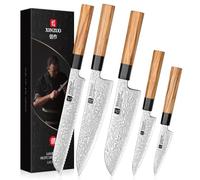 XINZUO Set Cuchillo Cocina 5 Piezas Acero de Damasco Juegos de Cuchillo de Cocinero,Forjado Profesional Hojas Afiladas Cuchillo de Damasco-Chef Santoku Pan Universal Fruta-Mango de Madera de Olivo