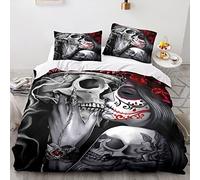 Xisnuient Gothic Skeleton Juego de Ropa de Cama Sexy Esqueleto Belleza Rosa Muerte Calavera Halloween Murciélagos Poliéster Funda Nórdica y Funda de Almohada (Color4,Cama 150 cm 220x240 cm)