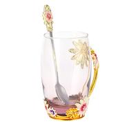 Xiuganpo Set de Regalo de Taza de Vidrio con Cuchara, Paño de Limpieza, Hermoso Empaque, para Navidad y San Valentín, 21.2-21.6 Oz (Marrón estilo crisantemo 350ML)